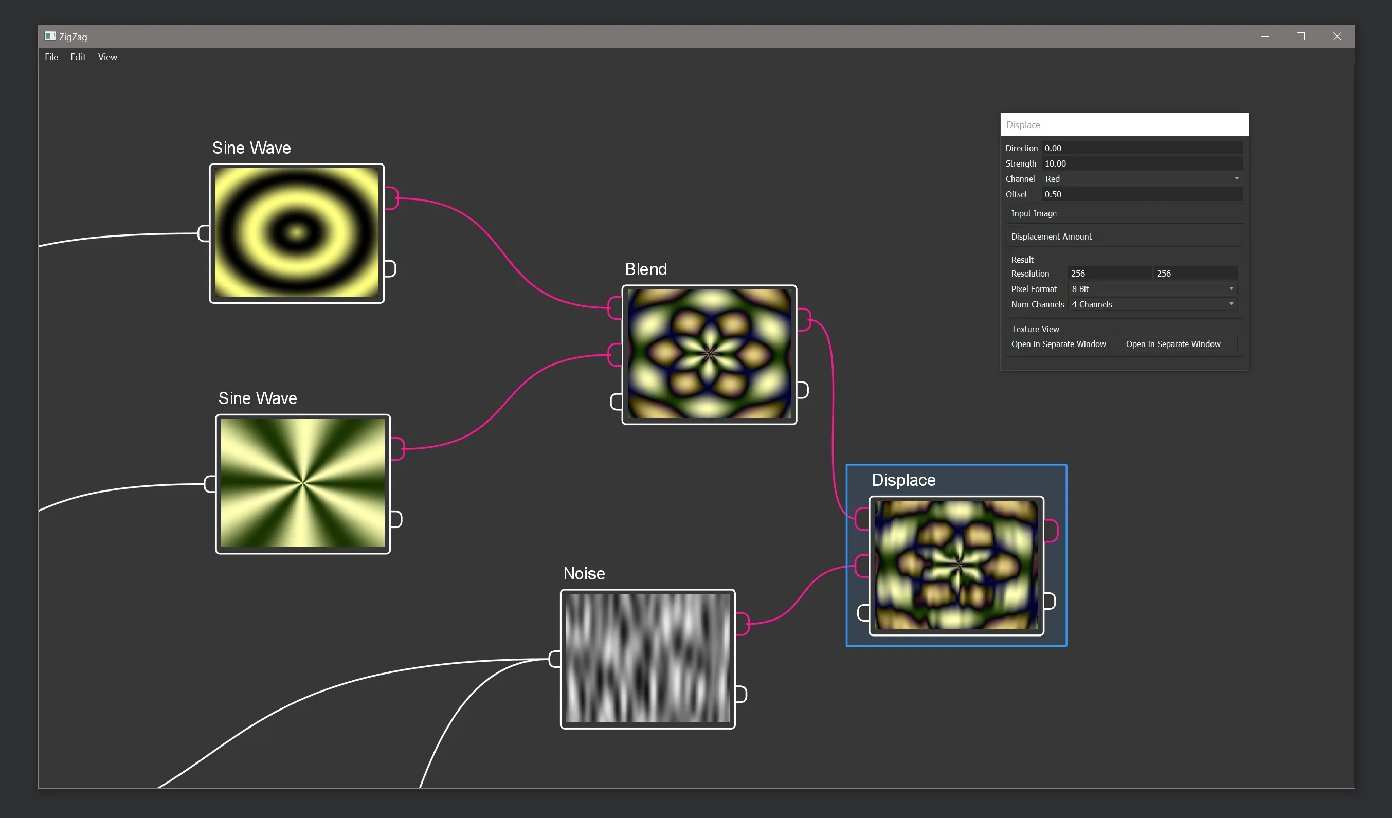 An early Qt version of ZigZag, with Sine Wave, Blend, Noise, and Displace operators connected in a graph.